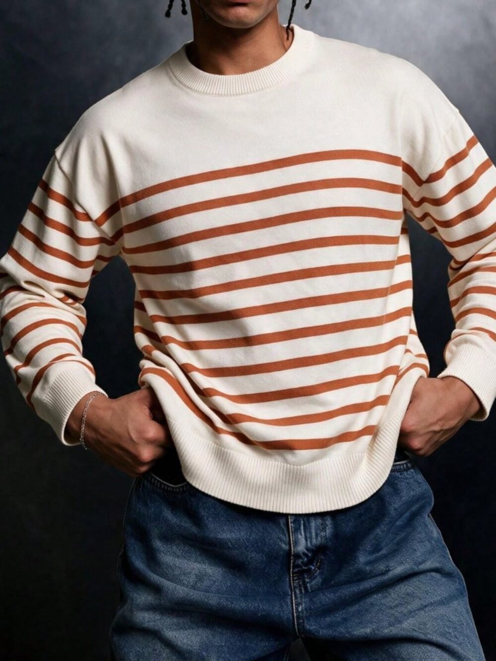 Burnt Orange Casual Men's Striped Knit Sweater